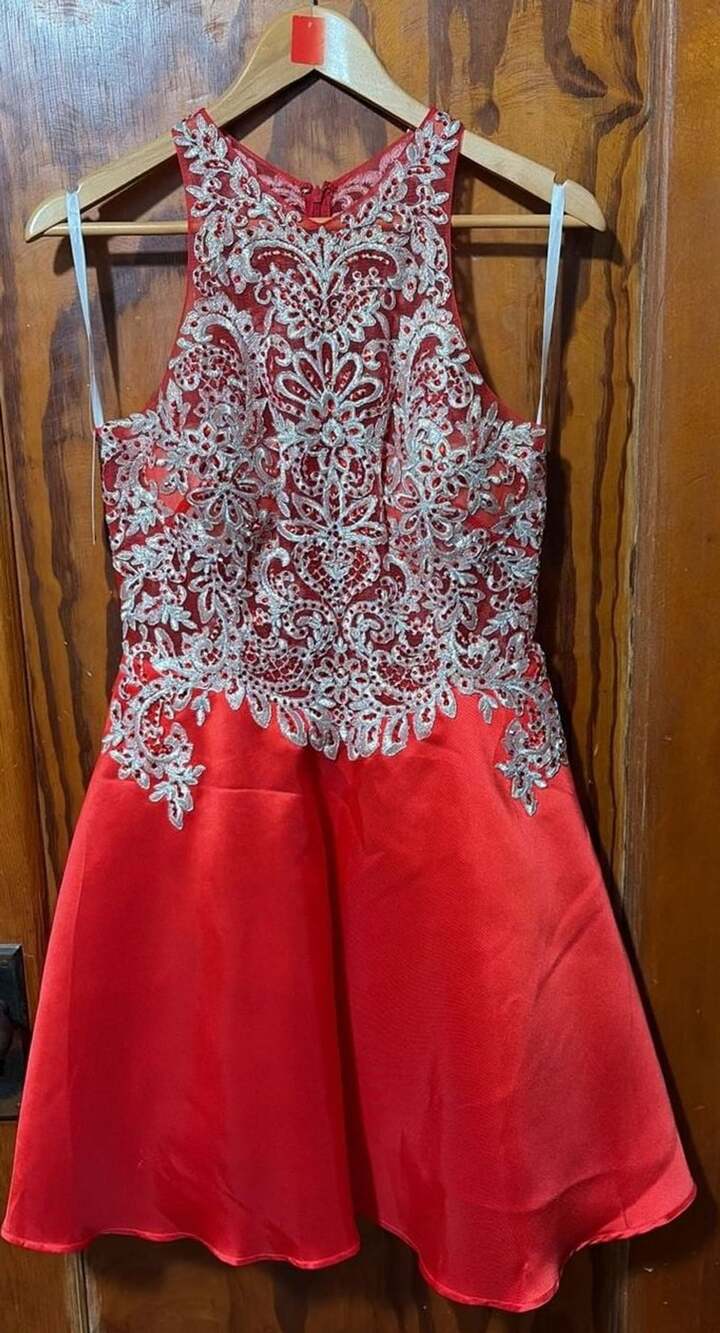 A Formal Affair Red and Silver Lace Halter Homecoming Party Dress